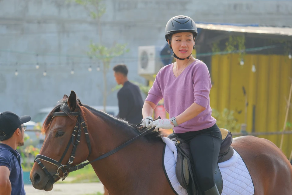 A rider in a helmet seated on a bay horse mid-session