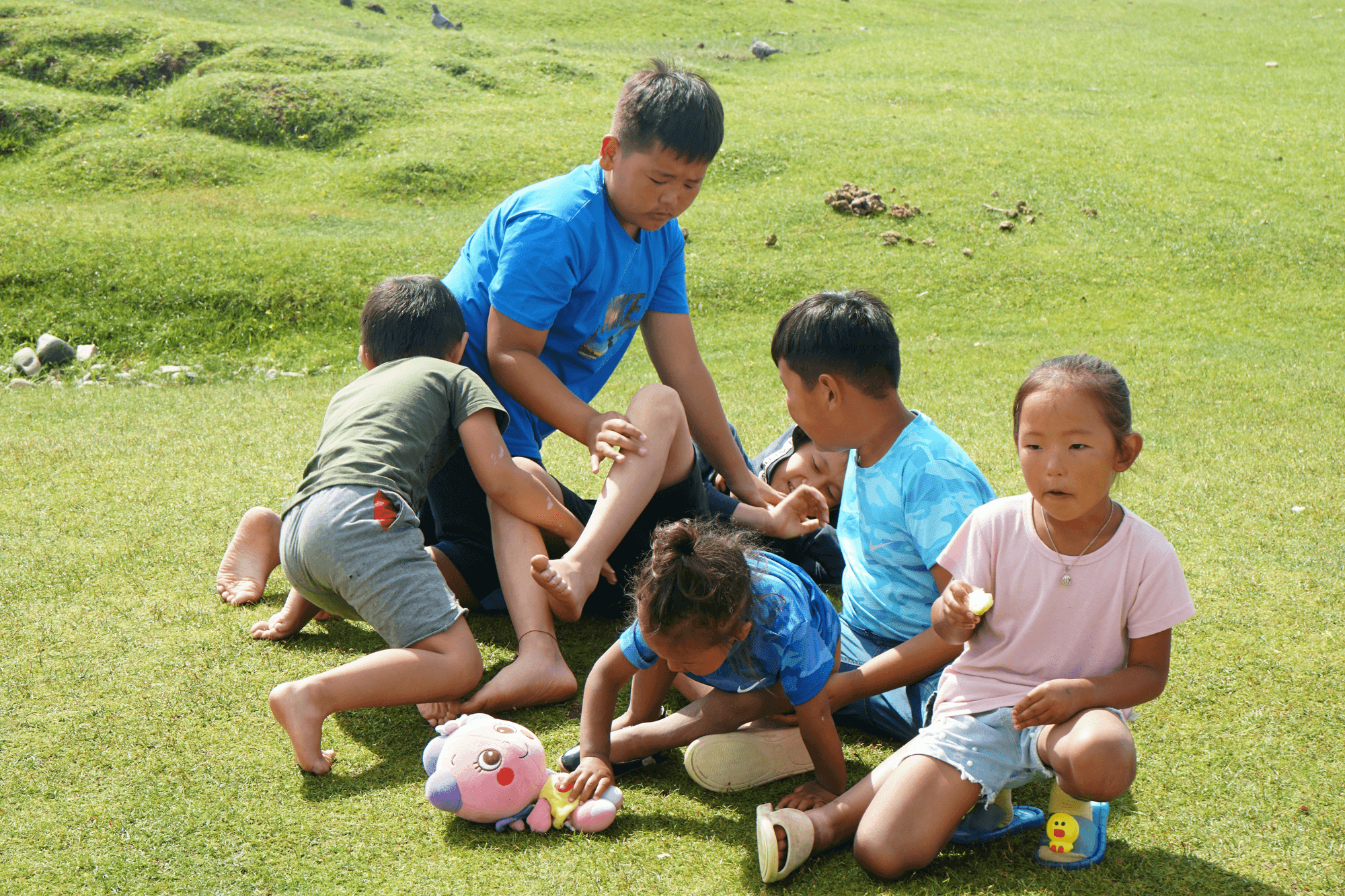 A group of children playing together on grass